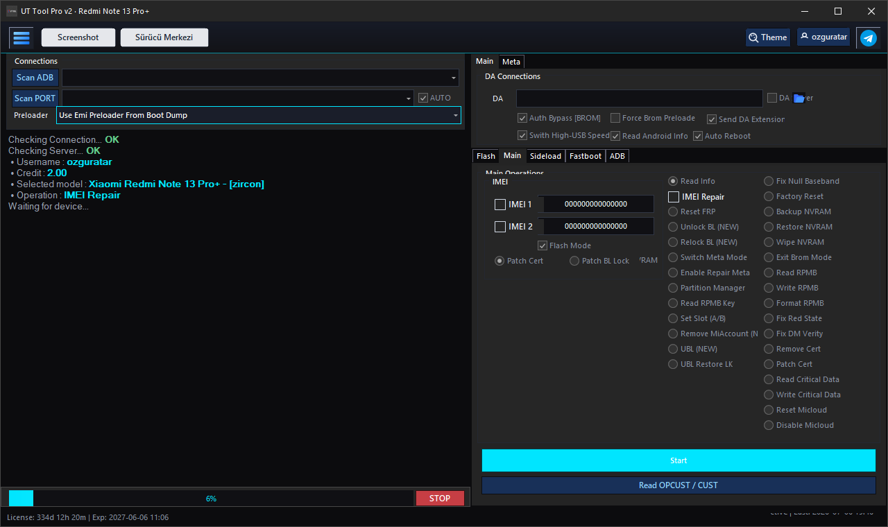 UT Tool Pro v2 arayüzü — IMEI Repair, UBL NEW, Unlock BL, FRP işlemleri